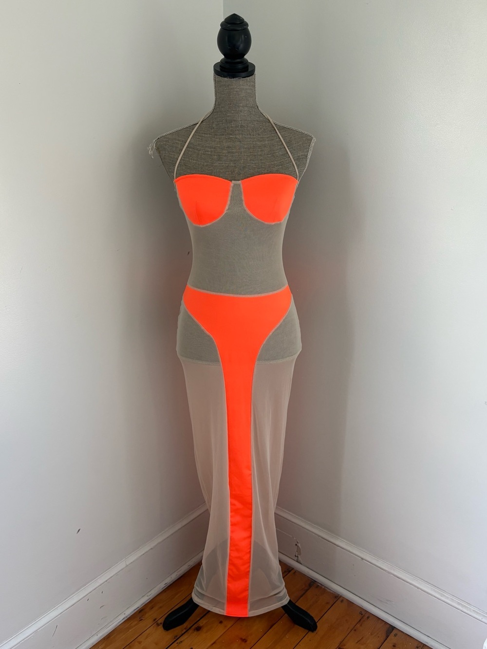 C.bridge Sheer Halter Bodycon Dress Neon Orange/Nude Size Medium
